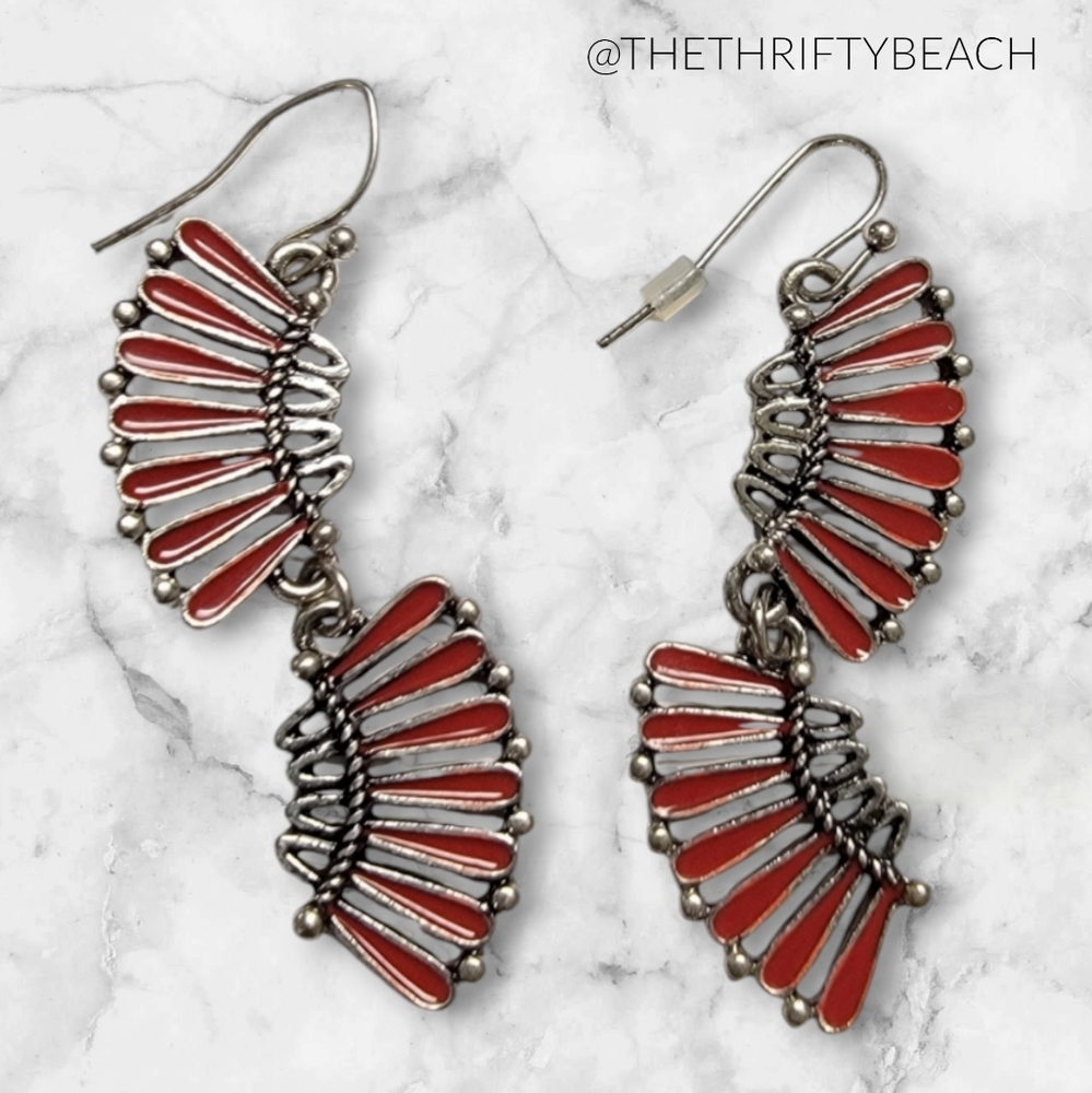 Vintage Southwestern Style Red Enamel Tiered Fan Dangle Earrings Silver Tone